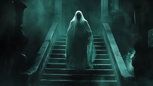 Spectral entity descending misty staircase in teal glow.