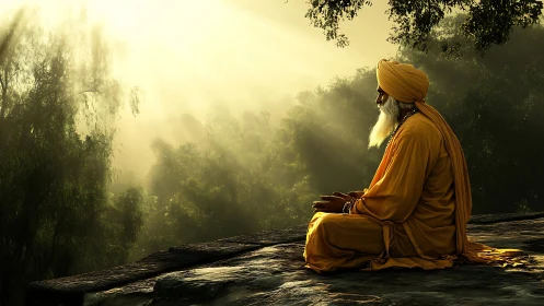 Elderly sage meditates in golden sunrise forest light
