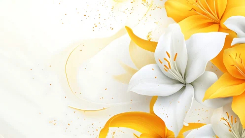 White lilies and golden flowers with luminous particle effects