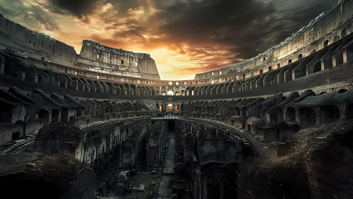 Colosseum interior under stratified sunset illumination.