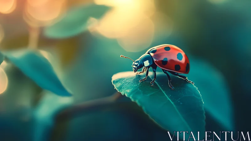Sunlit ladybug stroll on dew-kissed emerald leaf. Period.