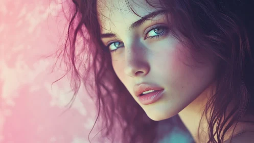 Iridescent gaze in soft-focus pastel portrait closeup.
