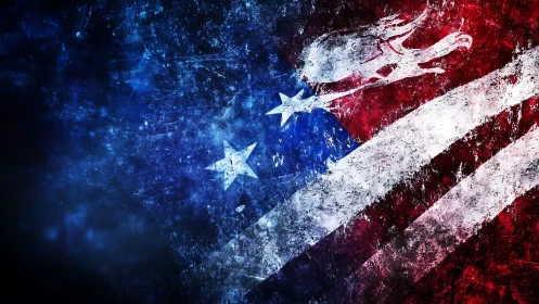 Grunge-textured American flag abstraction with dynamic diagonal layout