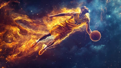 Fiery cosmic basketball player soars through molten starlight.