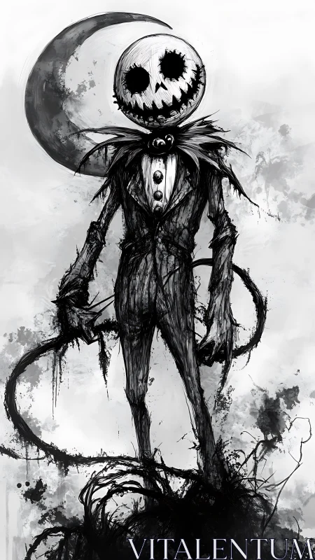 Monochrome skeletal figure dominates under crescent moon