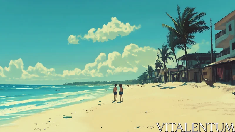 Sunlit seaside stroll along a quiet palm-lined shoreline.