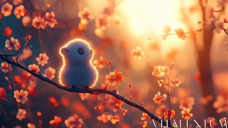 Dawnlit fluff creature perched among glowing blossom boughs.
