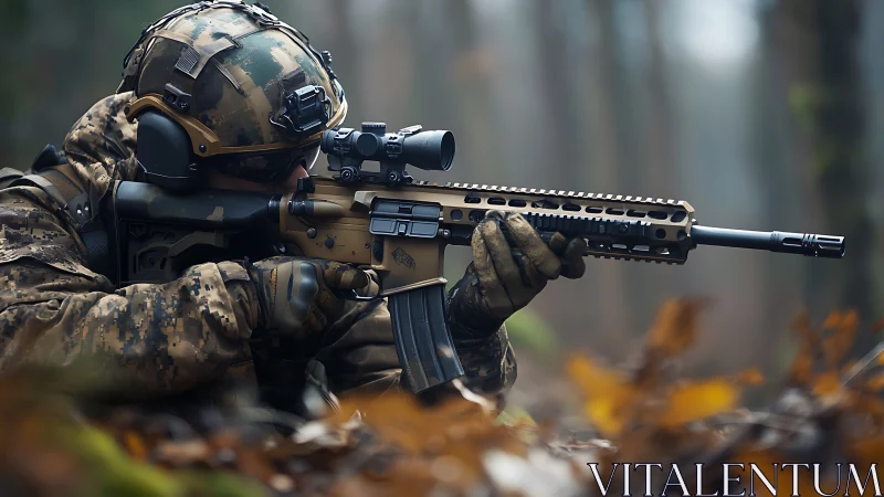 Camouflaged marksman stalking silence in misty autumn woods.