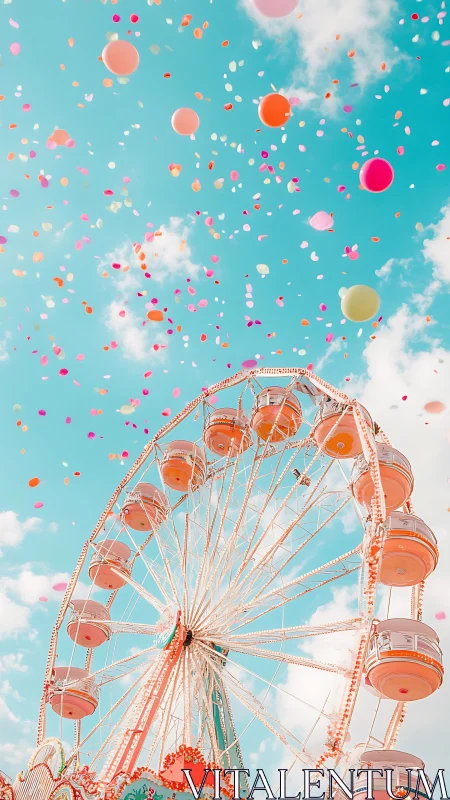 Ferris wheel rises under bright sky filled with balloons