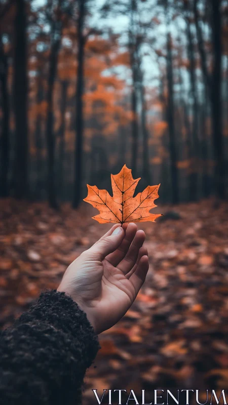 Hand cradles lone maple leaf in a softly blurred autumn forest.