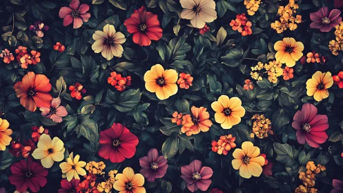 Vibrant Garden Blooms Against Dark Background.