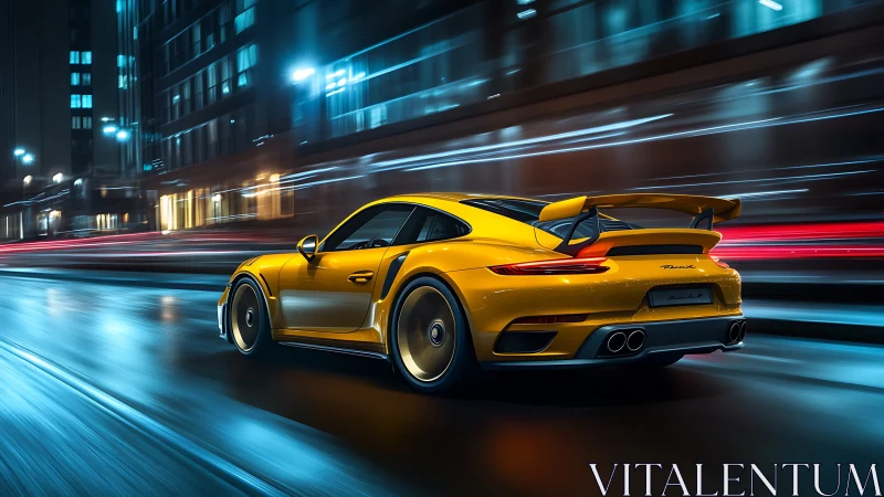 Photorealistic yellow sports coupe in nocturnal urban motion blur.