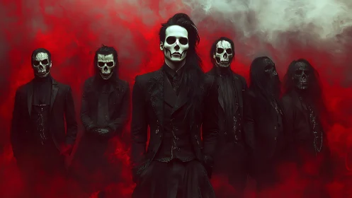 Eerie skull-masked goth band emerging from crimson fog.