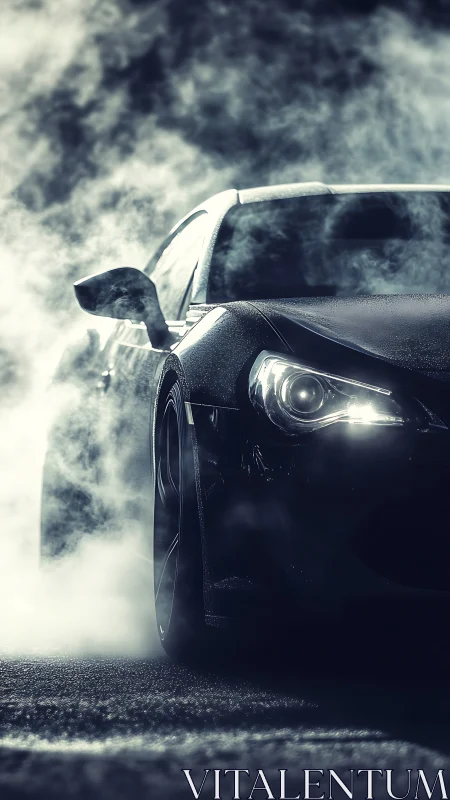Midnight sports car prowls through swirling street fog.