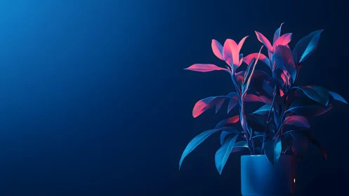 Potted plant with glossy leaves in dramatic blue and pink lighting.