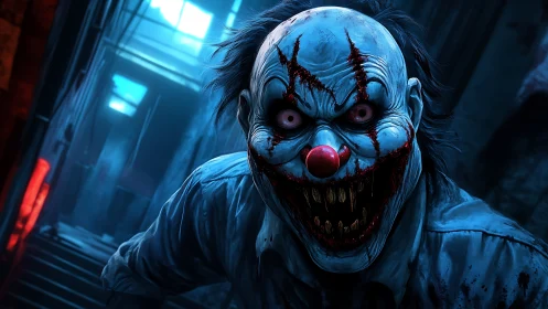 Grotesque clown lunging in neon lit derelict alleyway.