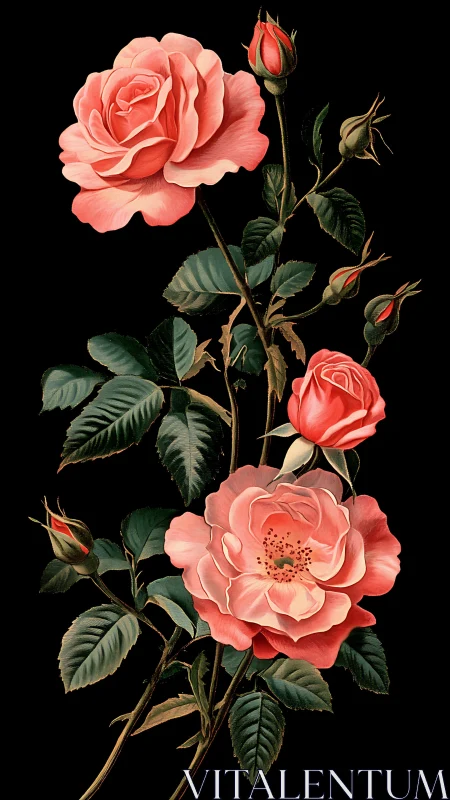 Coral Roses Dance: Botanical Bloom Symphony.