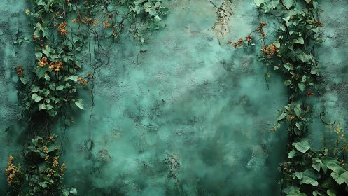 Weathered turquoise wall bordered by climbing green vines.