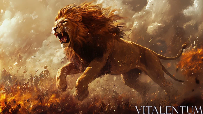 Roaring lion leaps through incendiary battlefield clouds
