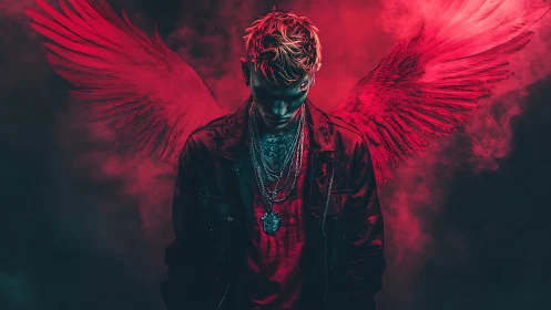 Neon red fallen angel portrait with wings in smoky void.