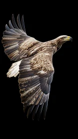 Photorealistic raptor in dynamic wingspan profile on black field.