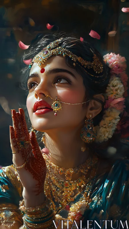 Radiant Indian bride gazes upward in petals and golden light