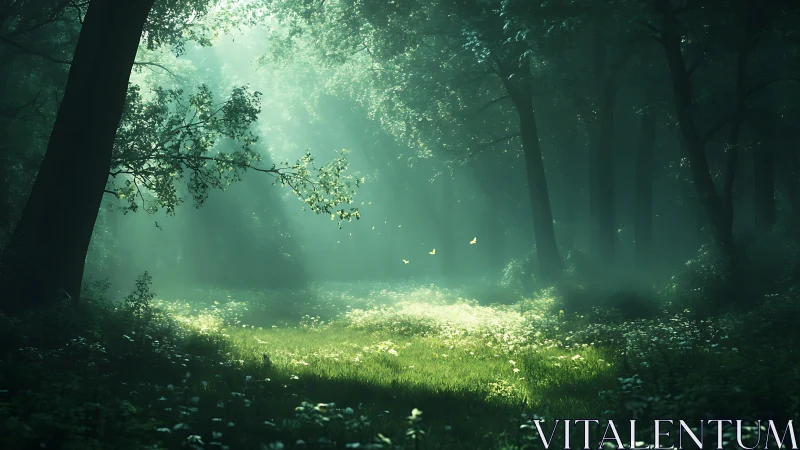 Ethereal Forest Clearing with Radiant Golden Light Rays.