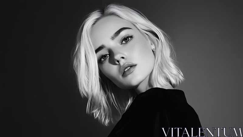 Monochrome studio portrait with high‑contrast tonal modeling.