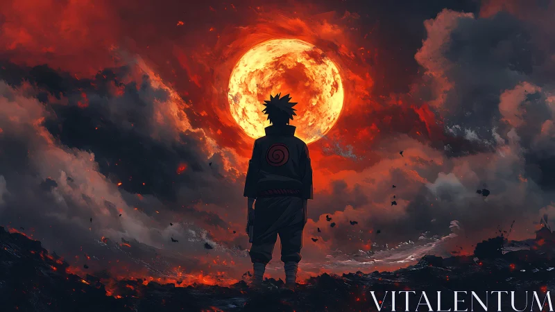 Lone ninja confronts apocalyptic sky beneath burning moon.