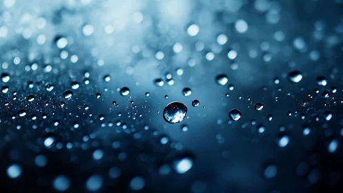 Glistening water droplets drift in serene blue bokeh light