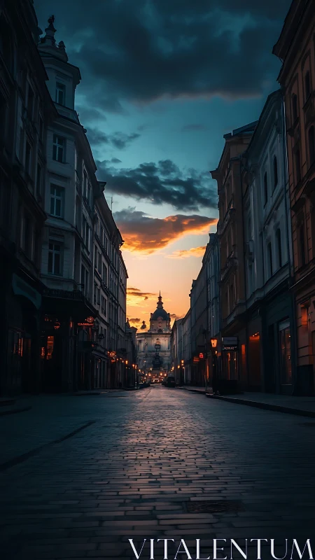 Old European street glows under moody twilight sky.