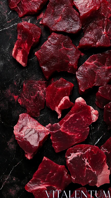 Raw beef chunks lie on dark stone surface in rows