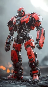 Scarlet war mech stands defiant in a smoke veiled battlefield.