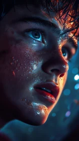 Cinematic close-up portrait renders neon-lit reflective skin