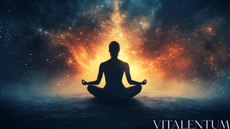 Silhouetted meditator opens cosmic light portal in void