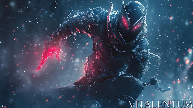 Armored shadow warrior unleashes blazing crimson power.