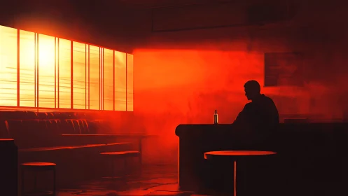 Solitary drinker in red lit bar interior at sunset.