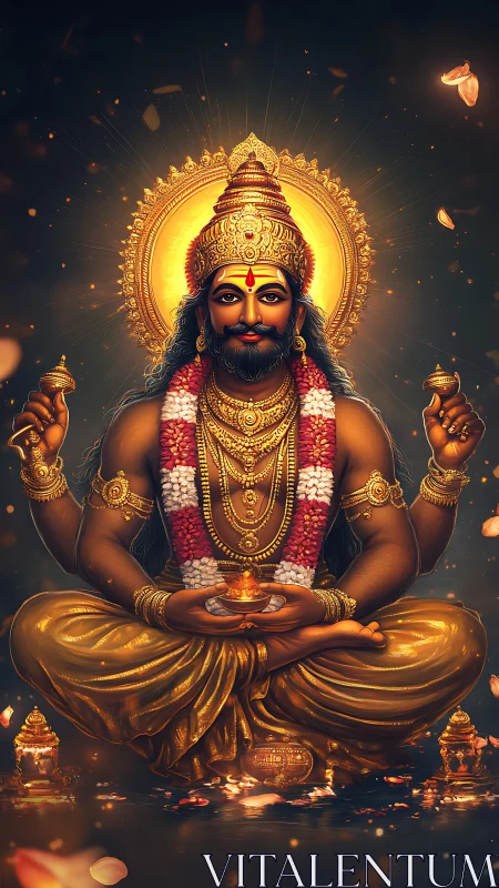 Golden four-armed deity in lotus pose with glowing halo.