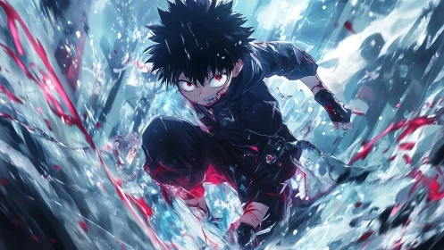 Intense anime fighter smashing through icy shards in motion.