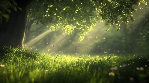 Sunlit forest glade where drifting motes dance in hush.