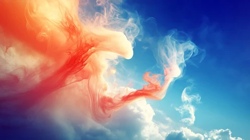 Colorful smoke plumes twist dynamically above bright clouds