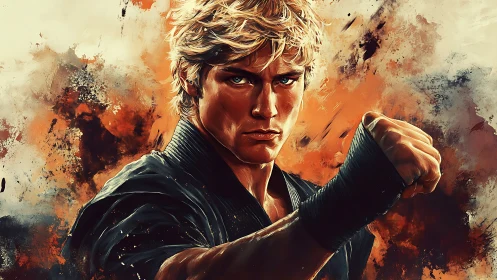 Dynamic martial artist portrait with intense painterly strokes.