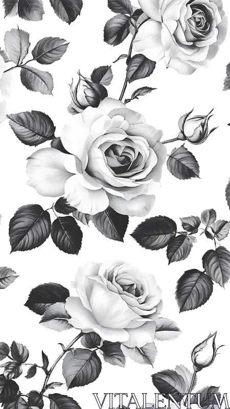 Monochromatic Rose Blooms with Botanical Foliage Pattern.