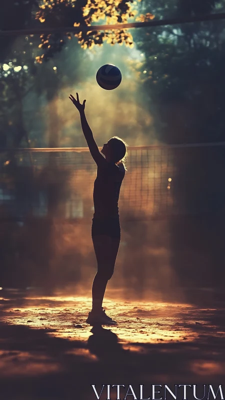 Silhouetted volleyball player serves under warm evening sun