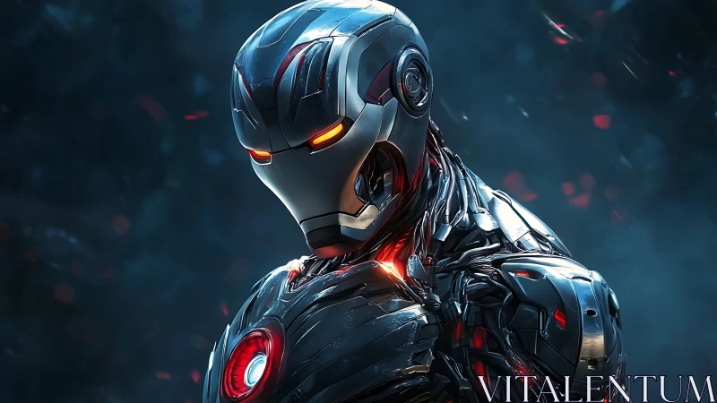 Futuristic armored robot with glowing red and blue lights.