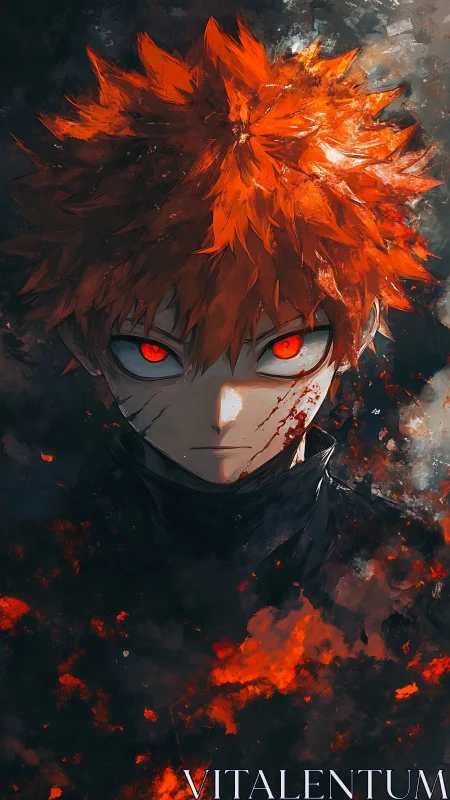 Red‑haired figure with glowing eyes in dark abstract field.