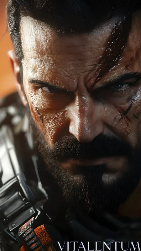 Scarred tactical soldier close-up with intense expression.