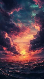 Storm-torn seascape under blazing cinematic sunset sky.