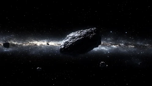 Massive dark asteroid drifting across dense star field.