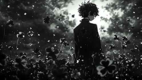 Soft moonlit clover field embracing a thoughtful dreamer.